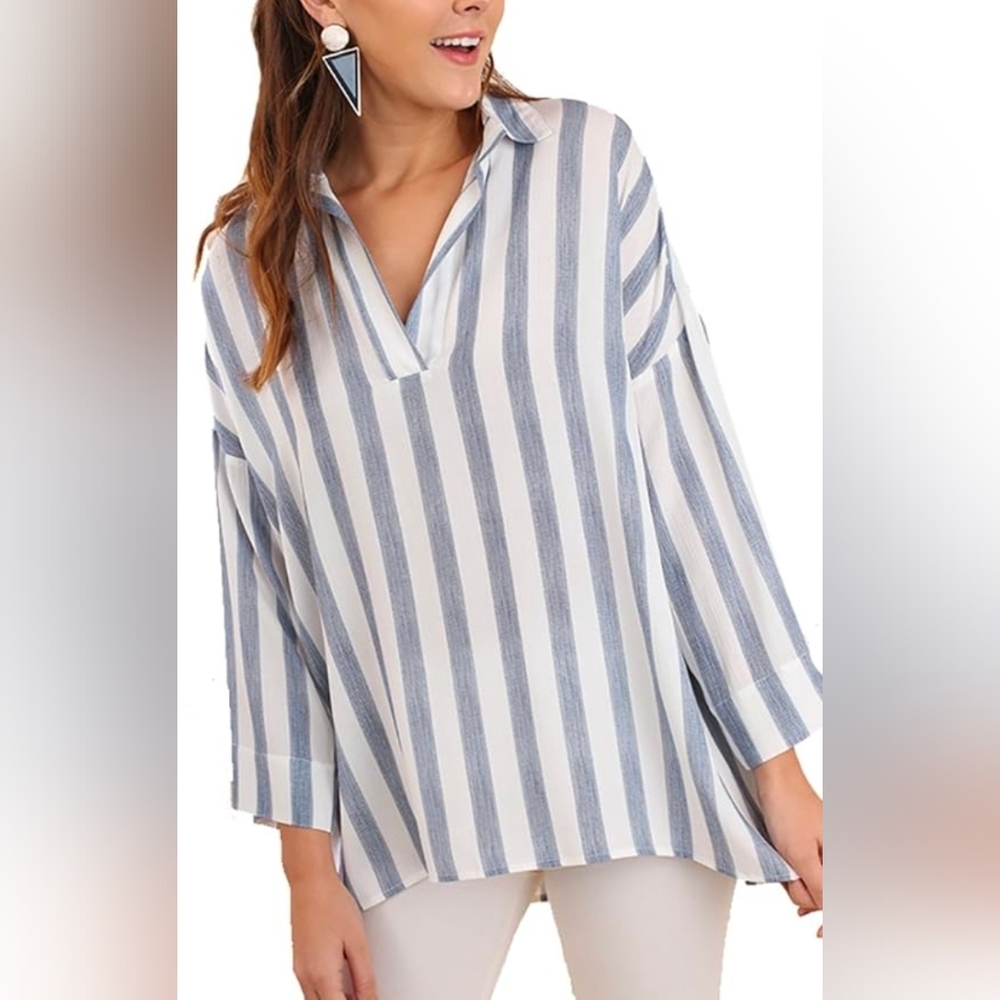 Umgee The Right Stripe! Collared Long Sleeve Tunic Top in blue and white stripes